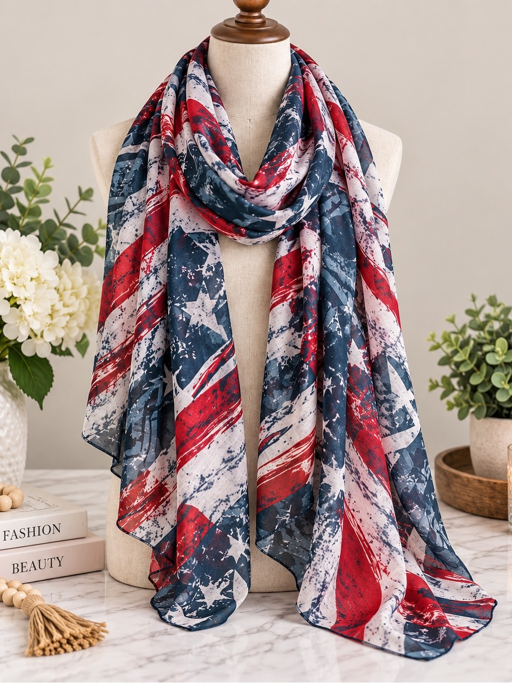 Cal Style USA Patriotic Scarf Wrap Red Blue Gray Stars Stripes Flag Print 41x59